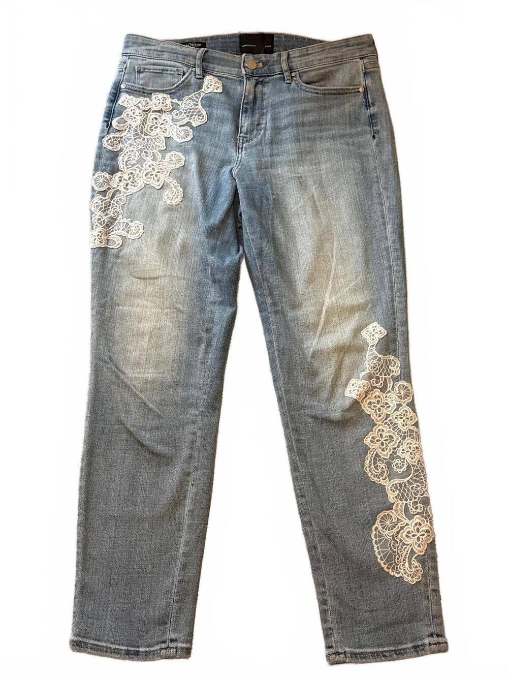 WHBM Everyday Soft Girlfriend Jeans Mid Rise Blue Denim White Lace Applique Sz 6